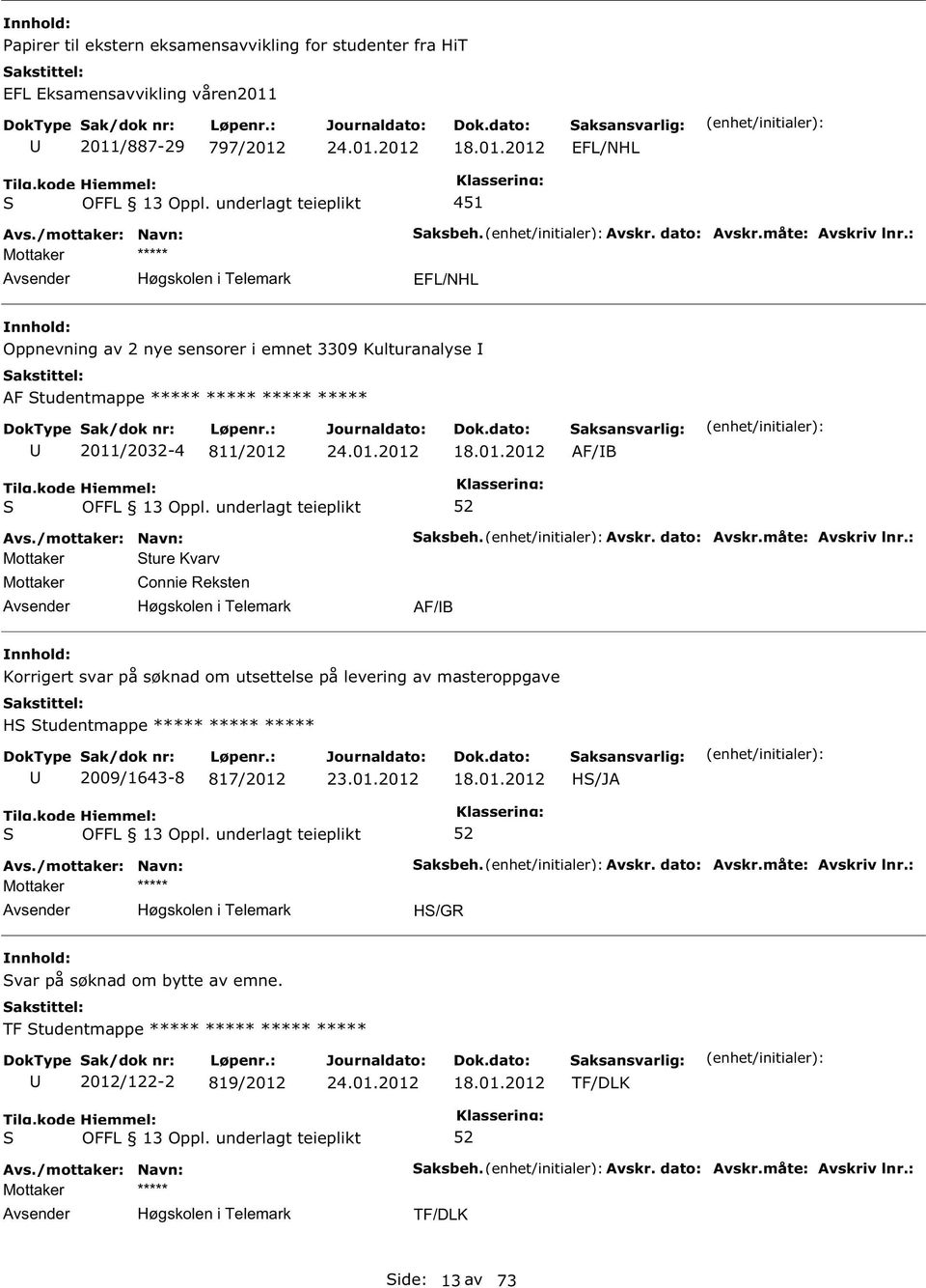 /2032-4 811/2012 18.01.2012 AF/B Mottaker ture Kvarv Mottaker Connie Reksten Høgskolen i Telemark aksbeh. Avskr. dato: Avskr.måte: Avskriv lnr.