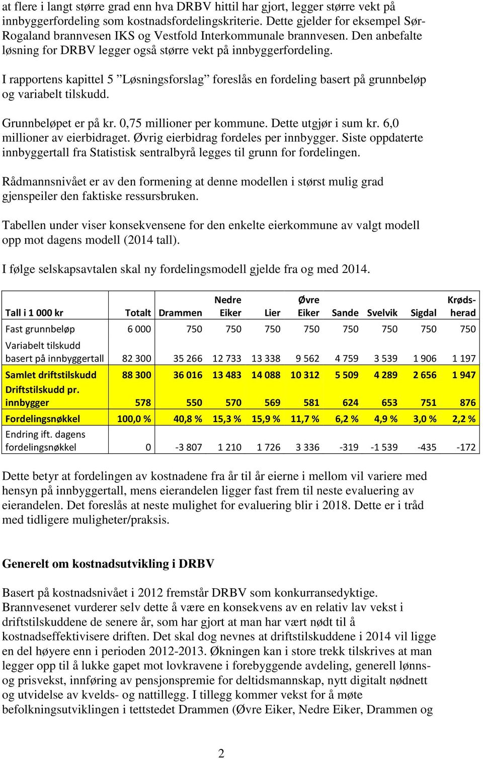 I rapportens kapittel 5 Løsningsforslag foreslås en fordeling basert på grunnbeløp og variabelt tilskudd. Grunnbeløpet er på kr. 0,75 millioner per kommune. Dette utgjør i sum kr.