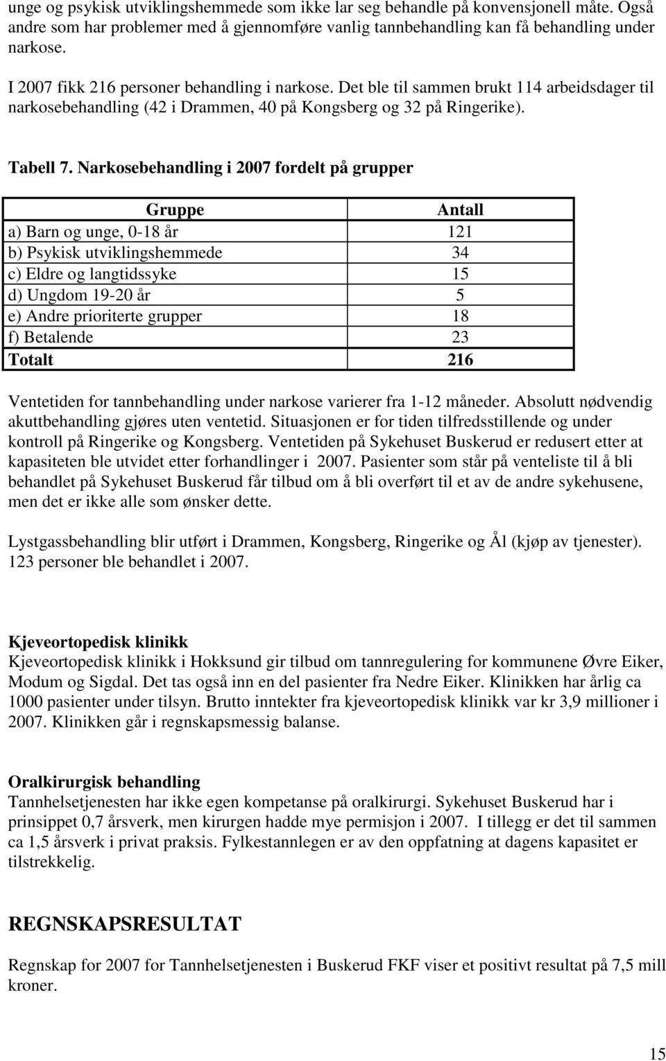 Narkosebehandling i 2007 fordelt på grupper Gruppe Antall a) Barn og unge, 0-18 år 121 b) Psykisk utviklingshemmede 34 c) Eldre og langtidssyke 15 d) Ungdom 19-20 år 5 e) Andre prioriterte grupper 18