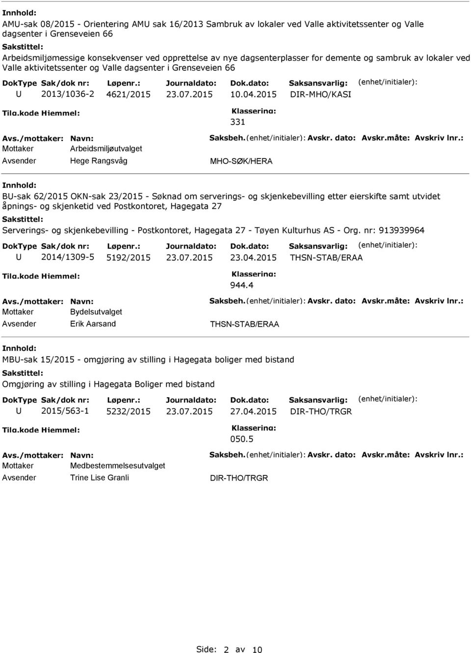 2015 DIR-MHO/KASI 331 Mottaker Arbeidsmiljøutvalget Hege Rangsvåg MHO-SØK/HERA B-sak 62/2015 OKN-sak 23/2015 - Søknad om serverings- og skjenkebevilling etter eierskifte samt utvidet åpnings- og