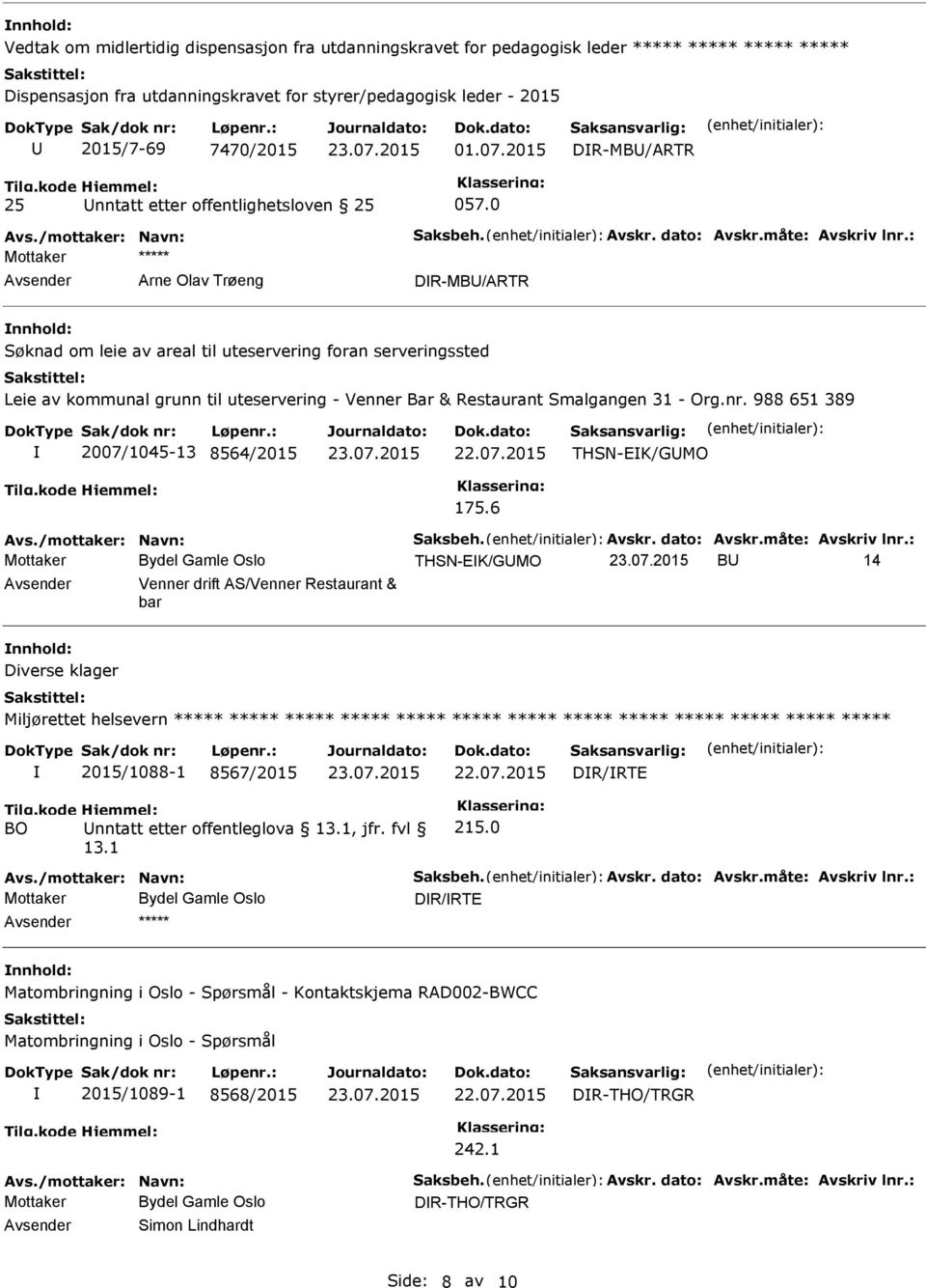 0 Mottaker ***** Arne Olav Trøeng DIR-MB/ARTR Søknad om leie av areal til uteservering foran serveringssted Leie av kommunal grunn til uteservering - Venner Bar & Restaurant Smalgangen 31 - Org.nr.