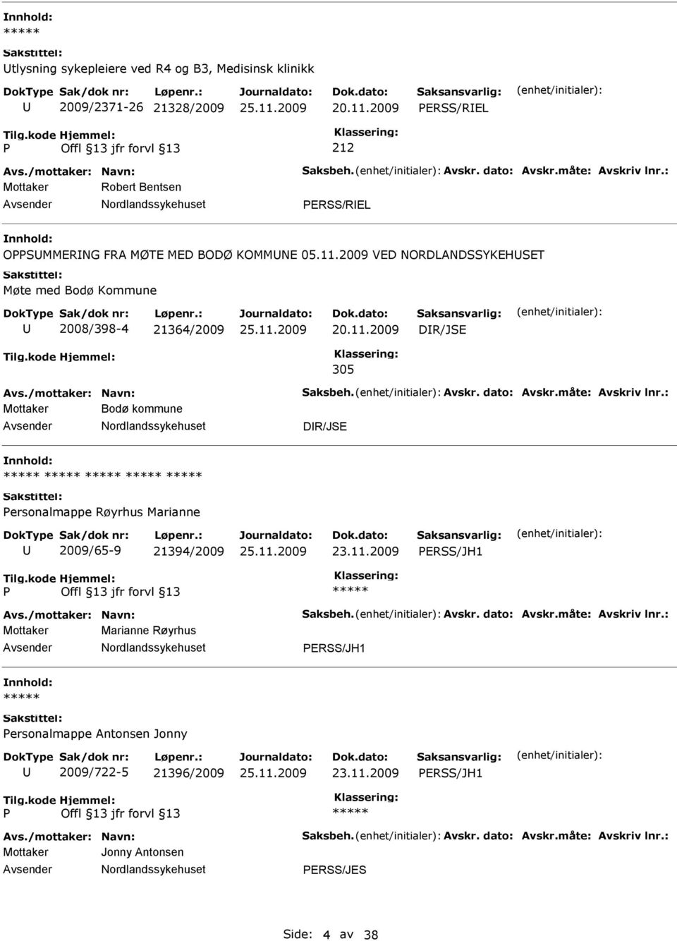 /mottaker: Navn: Saksbeh. Avskr. dato: Avskr.måte: Avskriv lnr.: Mottaker Bodø kommune DR/JSE ersonalmappe Røyrhus Marianne 2009/65-9 21394/2009 ERSS/JH1 Avs./mottaker: Navn: Saksbeh. Avskr. dato: Avskr.måte: Avskriv lnr.: Mottaker Marianne Røyrhus ERSS/JH1 ersonalmappe Antonsen Jonny 2009/722-5 21396/2009 ERSS/JH1 Avs.