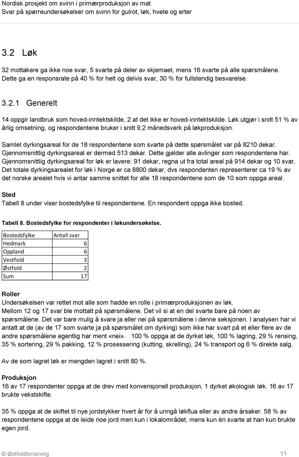 Samlet dyrkingsareal for de 18 respondentene som svarte på dette spørsmålet var på 8210 dekar. Gjennomsnittlig dyrkingsareal er dermed 513 dekar. Dette gjelder alle avlinger som respondentene har.