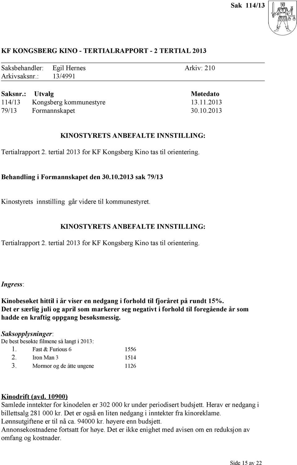 KINOSTYRETS ANBEFALTE INNSTILLING: Tertialrapport 2. tertial 2013 for KF Kongsberg Kino tas til orientering. Ingress: Kinobesøket hittil i år viser en nedgang i forhold til fjoråret på rundt 15%.