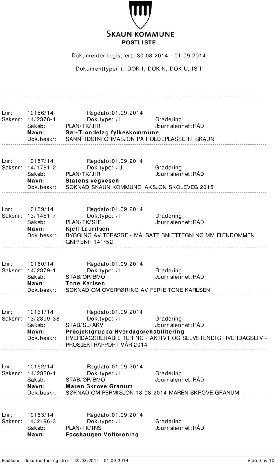 type: /U Gradering: Saksb: PLAN/TK/JIR Journalenhet:RÅD Statens vegvesen SØKNAD SKAUN KOMMUNE AKSJON SKOLEVEG 2015 Lnr: 10159/14 Regdato:01.09.2014 Saksnr: 13/1461-7 Dok.