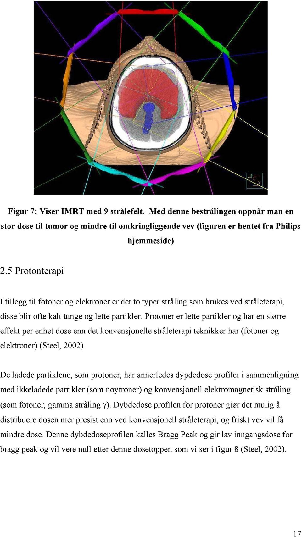 Protoner er lette partikler og har en større effekt per enhet dose enn det konvensjonelle stråleterapi teknikker har (fotoner og elektroner) (Steel, 2002).