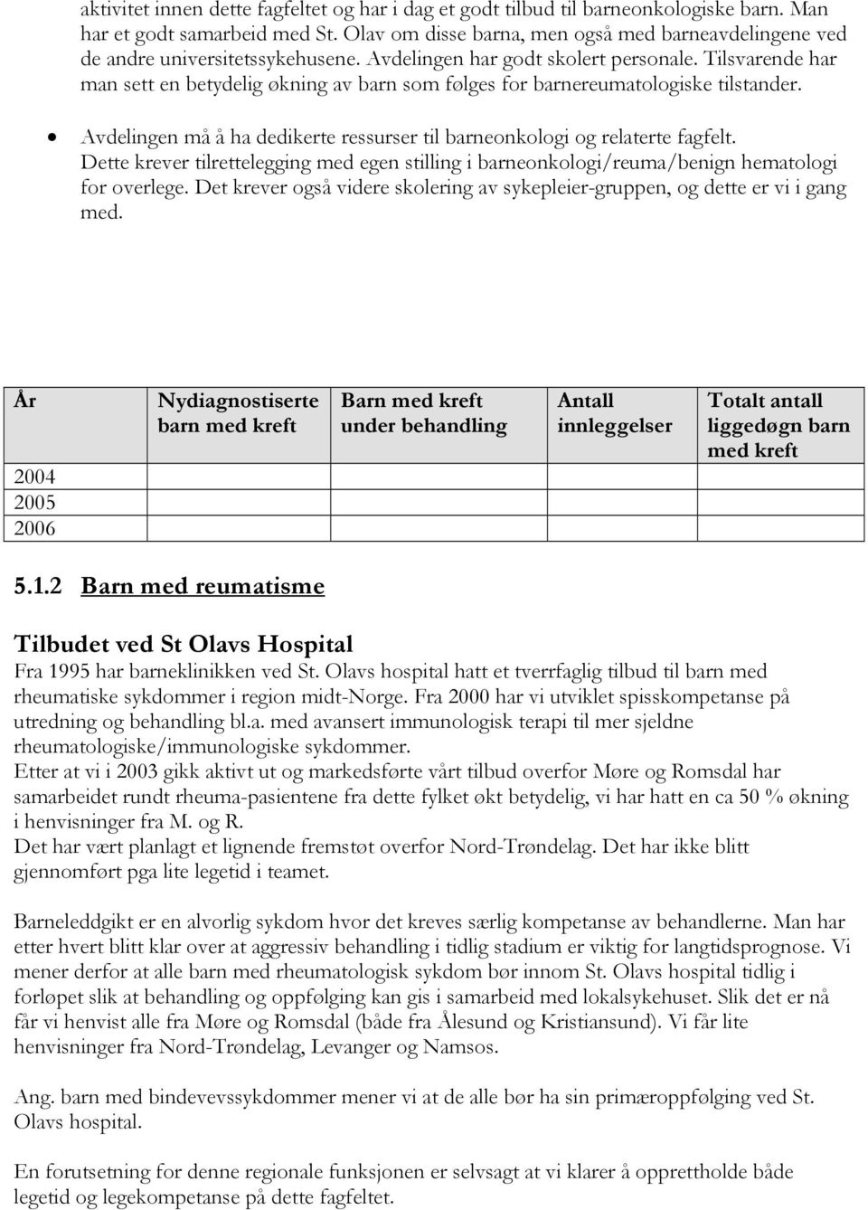 Tilsvarende har man sett en betydelig økning av barn som følges for barnereumatologiske tilstander. Avdelingen må å ha dedikerte ressurser til barneonkologi og relaterte fagfelt.