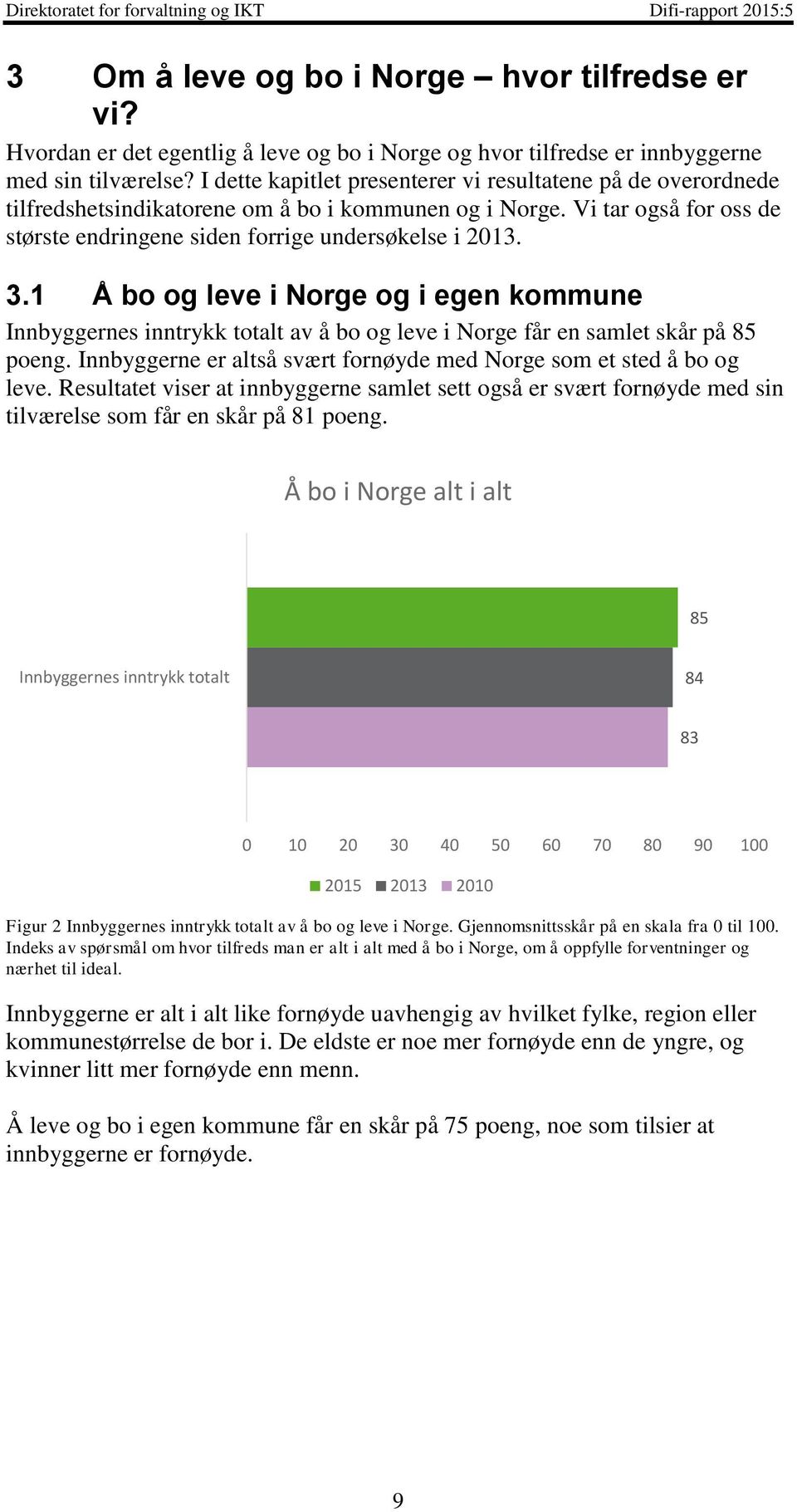 1 Å bo og leve i Norge og i egen kommune Innbyggernes inntrykk totalt av å bo og leve i Norge får en samlet skår på 85 poeng. Innbyggerne er altså svært fornøyde med Norge som et sted å bo og leve.