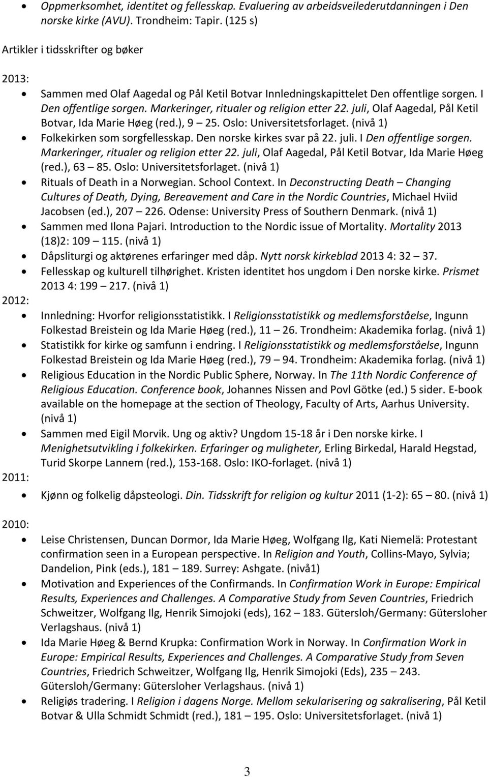 Markeringer, ritualer og religion etter 22. juli, Olaf Aagedal, Pål Ketil Botvar, Ida Marie Høeg (red.), 9 25. Oslo: Universitetsforlaget. (nivå 1) Folkekirken som sorgfellesskap.