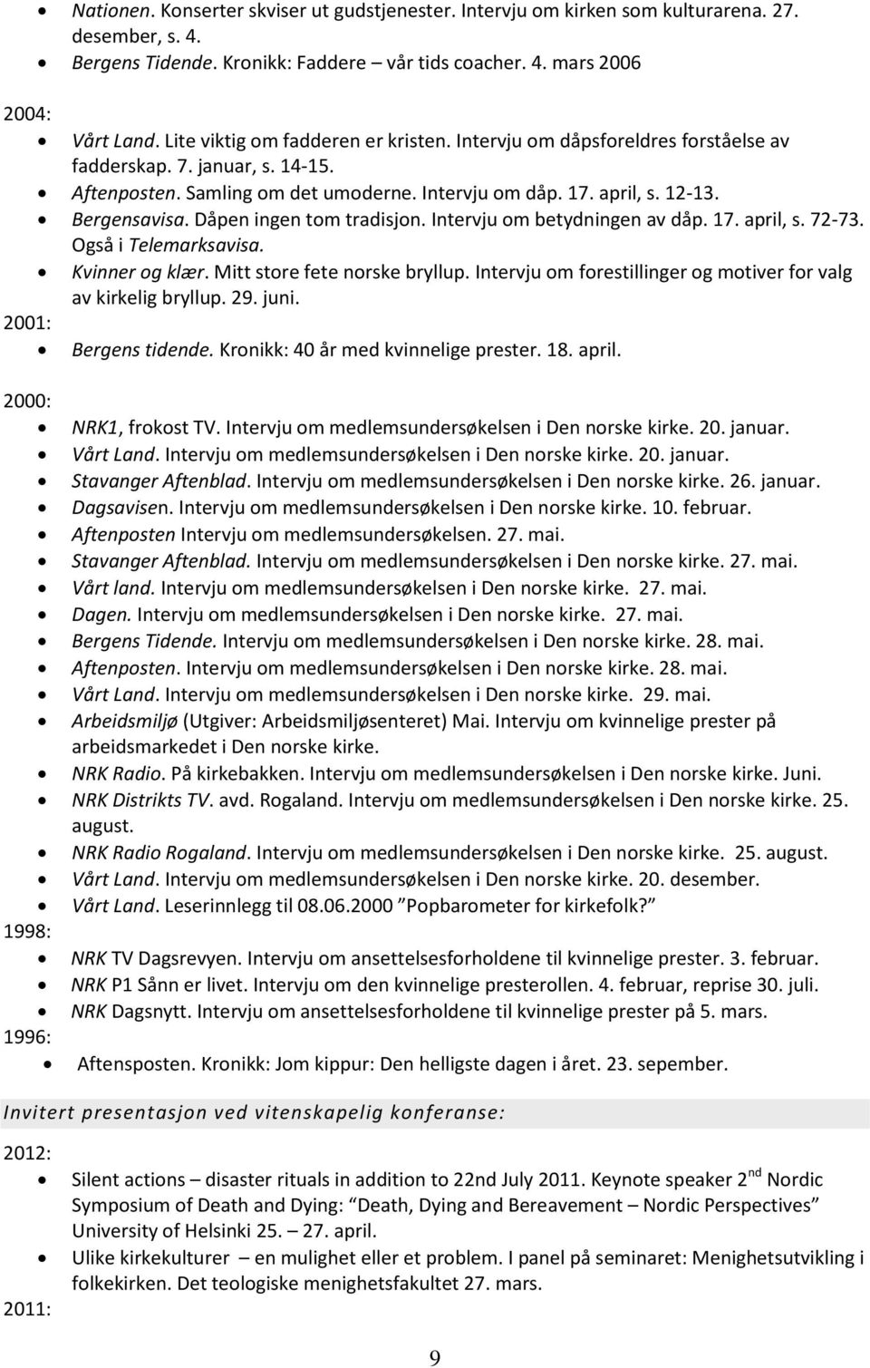 Dåpen ingen tom tradisjon. Intervju om betydningen av dåp. 17. april, s. 72-73. Også i Telemarksavisa. 2001: Kvinner og klær. Mitt store fete norske bryllup.