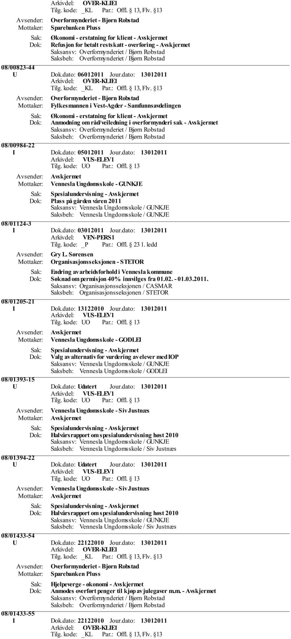 08/00984-22 I Dok.dato: 05012011 Jour.dato: Vennesla Ungdomsskole - GUNKJE Spesialundervisning - Avskjermet Plass på gården våren 2011 Saksbeh: Vennesla Ungdomsskole / GUNKJE 08/01124-3 I Dok.