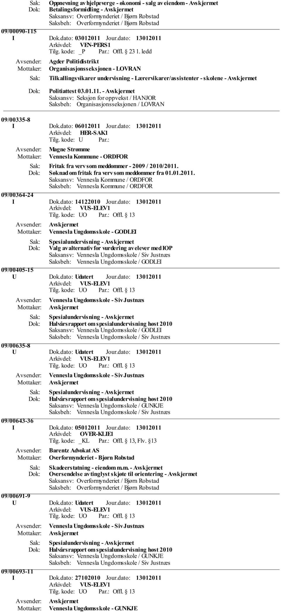 - Avskjermet Saksansv: Seksjon for oppvekst / HANJOR Saksbeh: Organisasjonsseksjonen / LOVRAN 09/00335-8 I Dok.dato: 06012011 Jour.