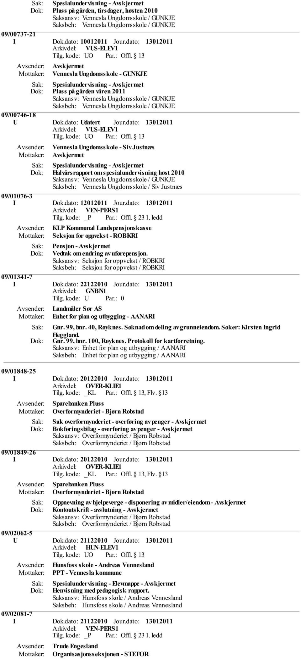 dato: Vennesla Ungdomsskole - Siv Justnæs Spesialundervisning - Avskjermet Halvårsrapport om spesialundervisning høst 2010 09/01076-3 I Dok.dato: 12012011 Jour.dato: Tilg. kode: _P Par.: Offl. 23 1.