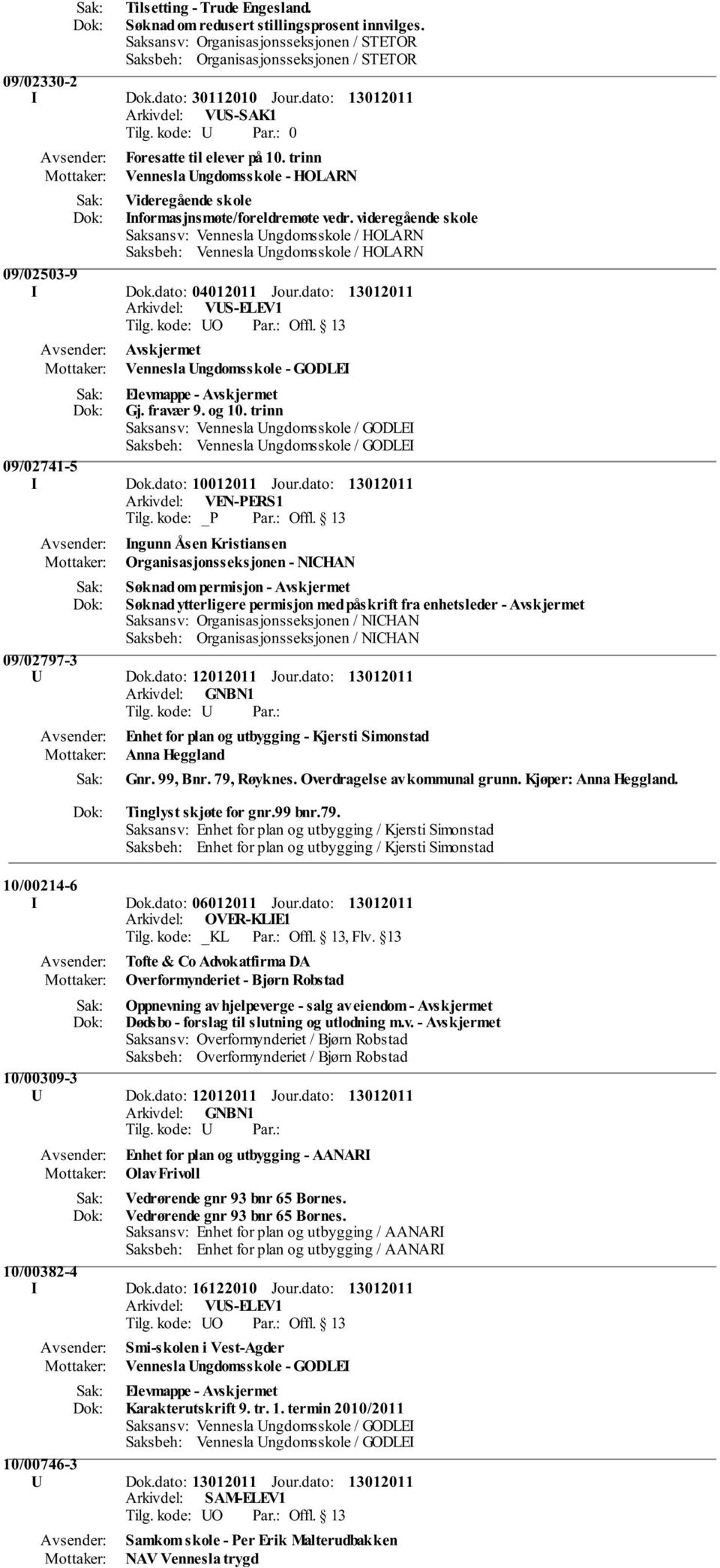 videregående skole Saksansv: Vennesla Ungdomsskole / HOLARN Saksbeh: Vennesla Ungdomsskole / HOLARN 09/02503-9 I Dok.dato: 04012011 Jour.dato: Vennesla Ungdomsskole - GODLEI Elevmappe - Avskjermet Gj.