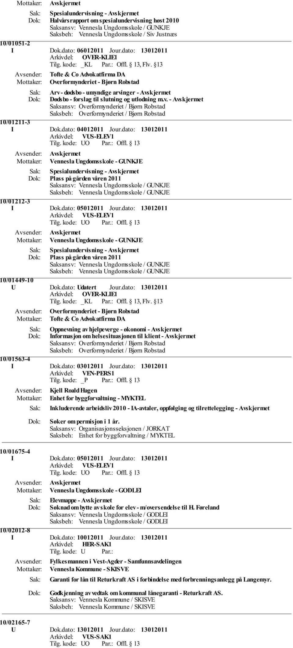 dato: 04012011 Jour.dato: Vennesla Ungdomsskole - GUNKJE Spesialundervisning - Avskjermet Plass på gården våren 2011 Saksbeh: Vennesla Ungdomsskole / GUNKJE 10/01212-3 I Dok.dato: 05012011 Jour.