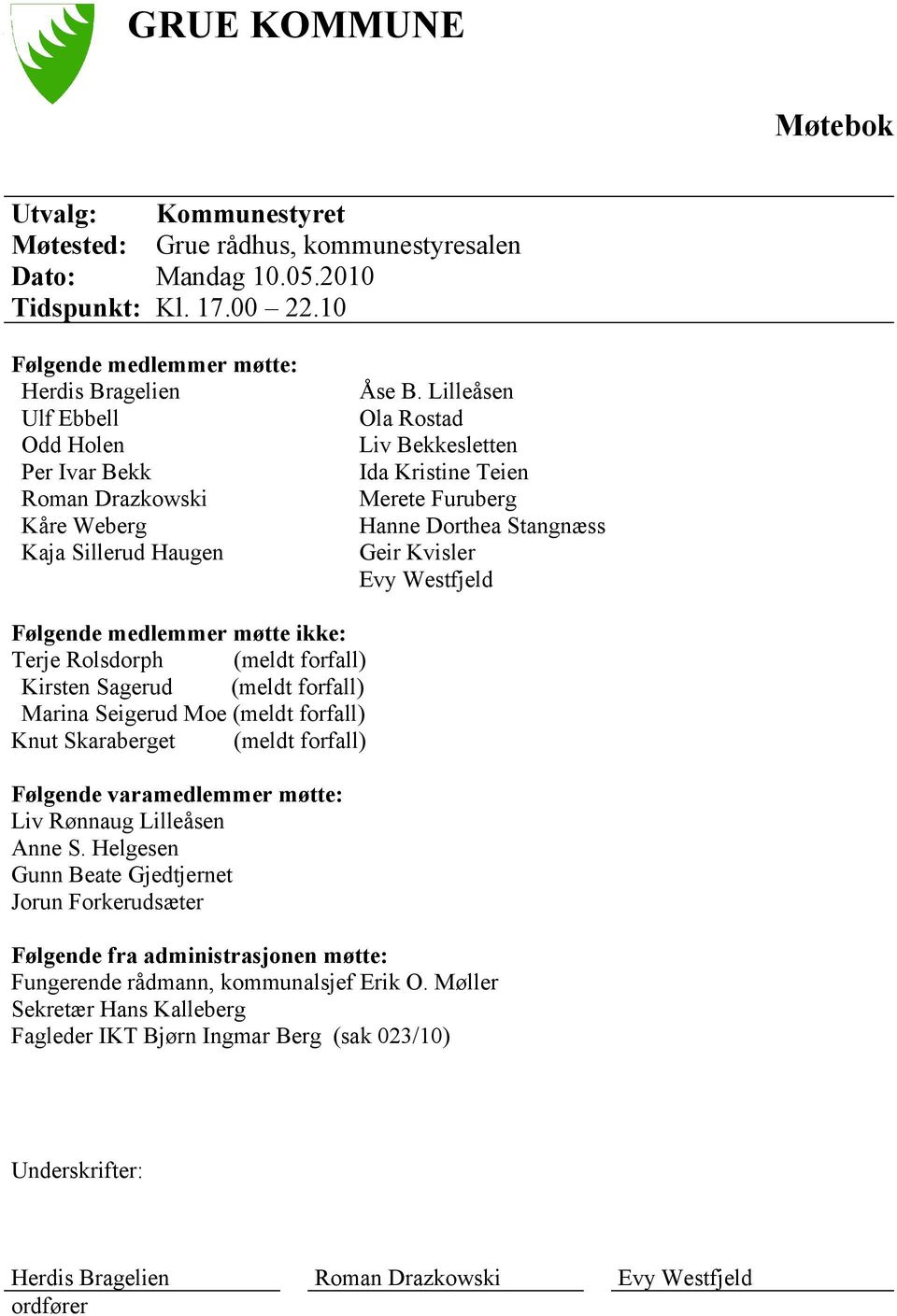 Lilleåsen Ola Rostad Liv Bekkesletten Ida Kristine Teien Merete Furuberg Hanne Dorthea Stangnæss Geir Kvisler Evy Westfjeld Følgende medlemmer møtte ikke: Terje Rolsdorph (meldt forfall) Kirsten