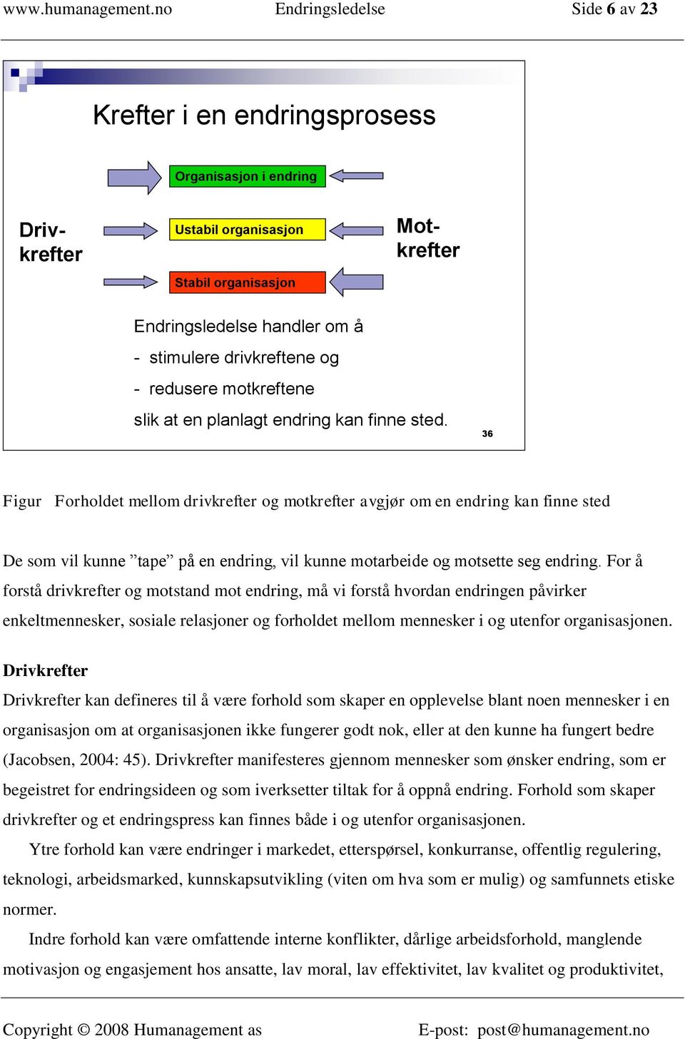 drivkreftene og - redusere motkreftene slik at en planlagt endring kan finne sted.