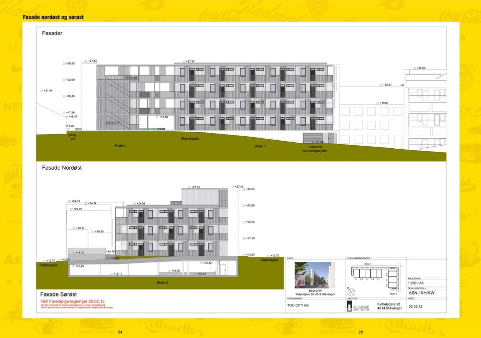 Støperigate LOGO: LOKALISERINGSFIGUR: Blokk 1 +10,10 +10,70 +10,10 Blokk 2 MÅLESTOKK: 1:200 / A3 Fasade Sørøst NB! Foreløpige tegninger 20.02.