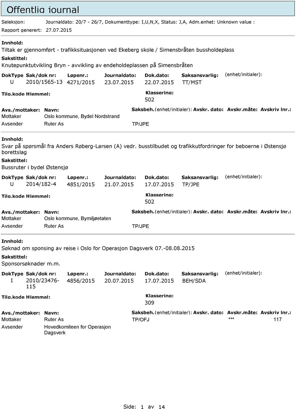 Avs./mottaker: Navn: Saksbeh. Avskr. dato: Avskr.måte: Avskriv lnr.: Mottaker Oslo kommune, Bydel Nordstrand Svar på spørsmål fra Anders Røberg-Larsen (A) vedr.