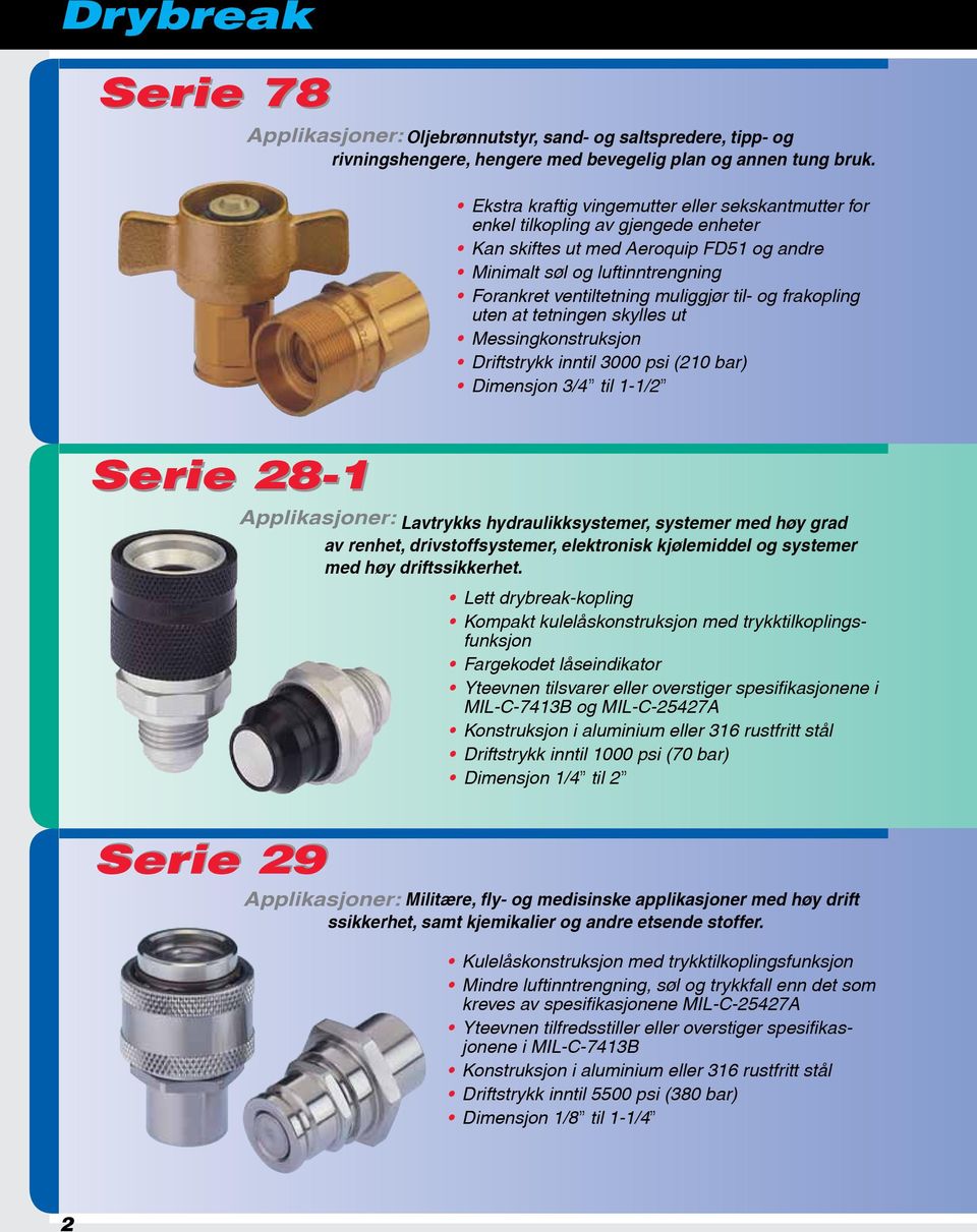 til- og frakopling uten at tetningen skylles ut Messingkonstruksjon Driftstrykk inntil 3000 psi (210 bar) Dimensjon 3/4 til 1-1/2 Serie 28-1 Applikasjoner: Lavtrykks hydraulikksystemer, systemer med