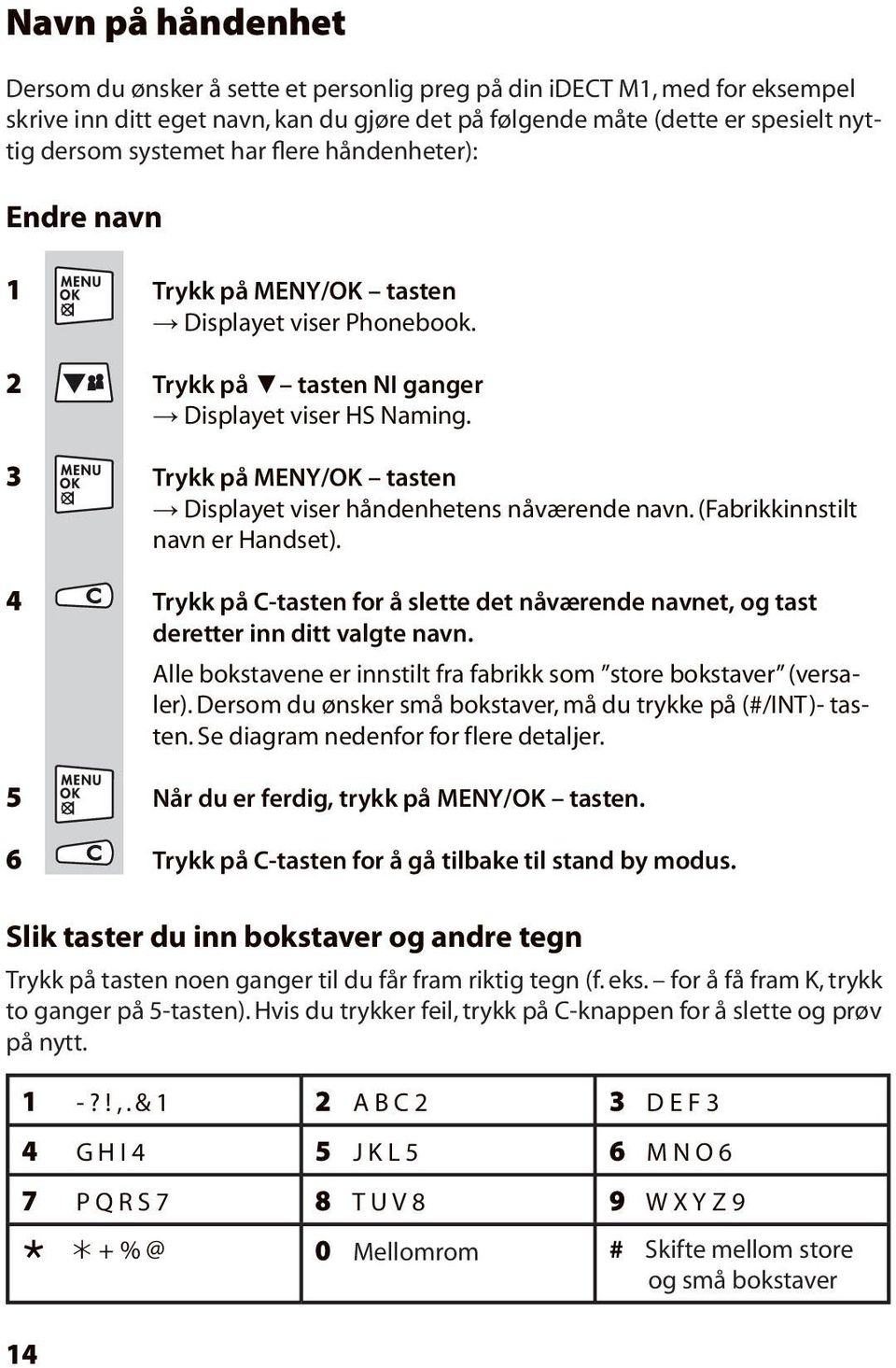 3 Trykk på MENY/OK tasten Displayet viser håndenhetens nåværende navn. (Fabrikkinnstilt navn er Handset). 4 Trykk på C-tasten for å slette det nåværende navnet, og tast deretter inn ditt valgte navn.