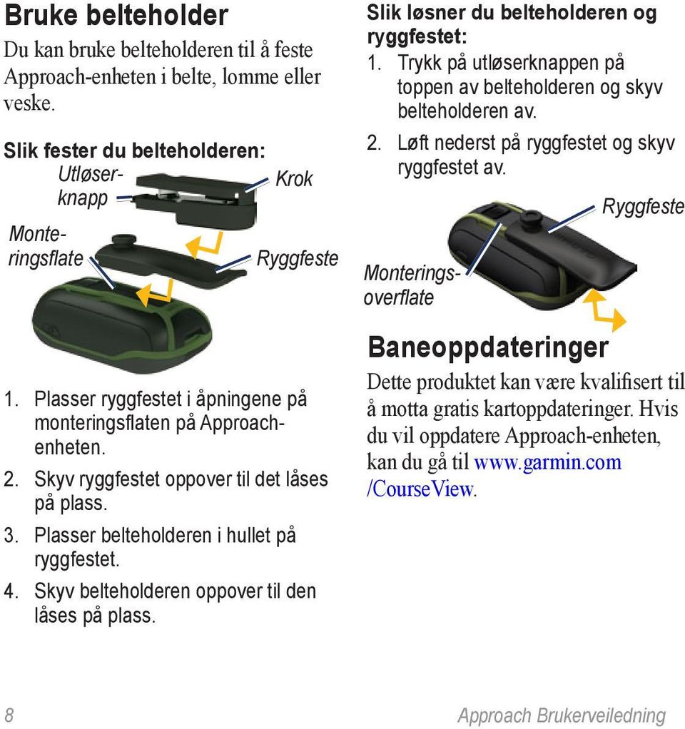 Skyv belteholderen oppover til den låses på plass. Slik løsner du belteholderen og ryggfestet: 1. Trykk på utløserknappen på toppen av belteholderen og skyv belteholderen av. 2.