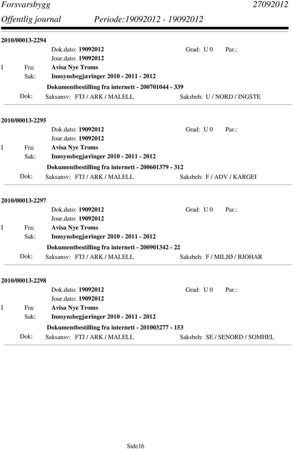 2010/00013-2297 I Fra: Avisa Nye Troms Sak: Innsynsbegjæringer 2010-2011 - 2012 Dokumentbestilling fra internett - 200901342-22 Saksansv: FTJ / ARK / MALELL Saksbeh: F / MILJØ / BJOHAR