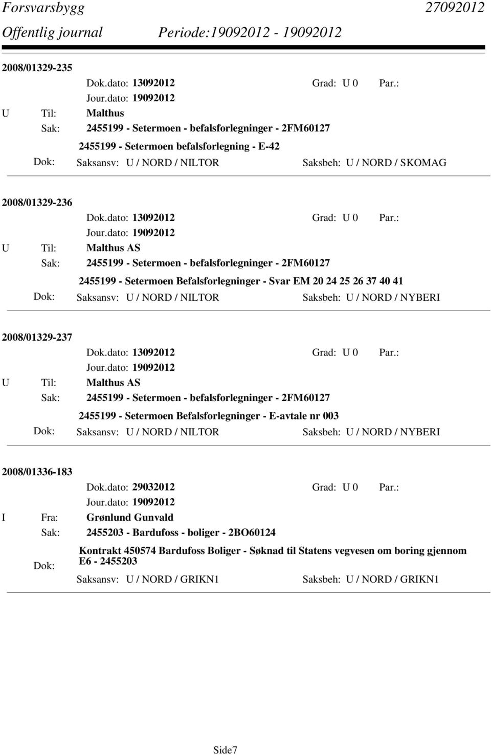 / NORD / NYBERI 2008/01329-237 U Til: Malthus AS Sak: 2455199 - Setermoen - befalsforlegninger - 2FM60127 2455199 - Setermoen Befalsforlegninger - E-avtale nr 003 Saksansv: U / NORD / NILTOR Saksbeh: