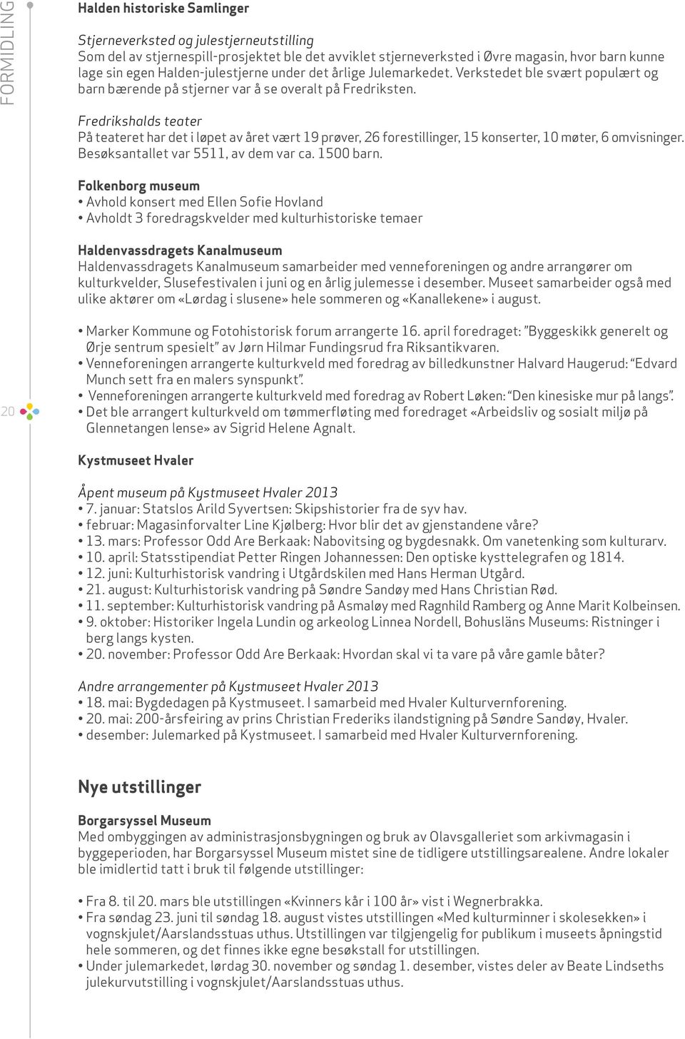 Fredrikshalds teater På teateret har det i løpet av året vært 19 prøver, 26 forestillinger, 15 konserter, 10 møter, 6 omvisninger. Besøksantallet var 5511, av dem var ca. 1500 barn.