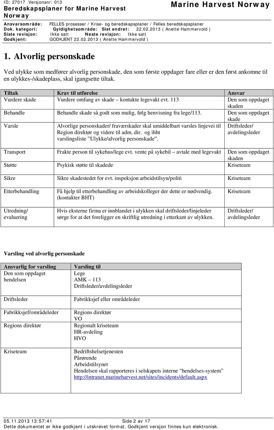 skade Varsle Alvorlige personskader/ fraværskader skal umiddelbart varsles linjevei til Region direktør og videre til adm. dir. og ihht varslingsliste Ulykke/alvorlig personskade.