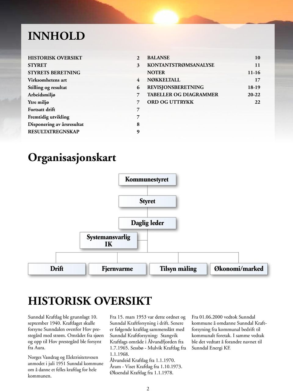 Systemansvarlig IK Daglig leder Drift Fjernvarme Tilsyn måling Økonomi/marked HISTORISK OVERSIKT Sunndal Kraftlag ble grunnlagt 10. september 1940.