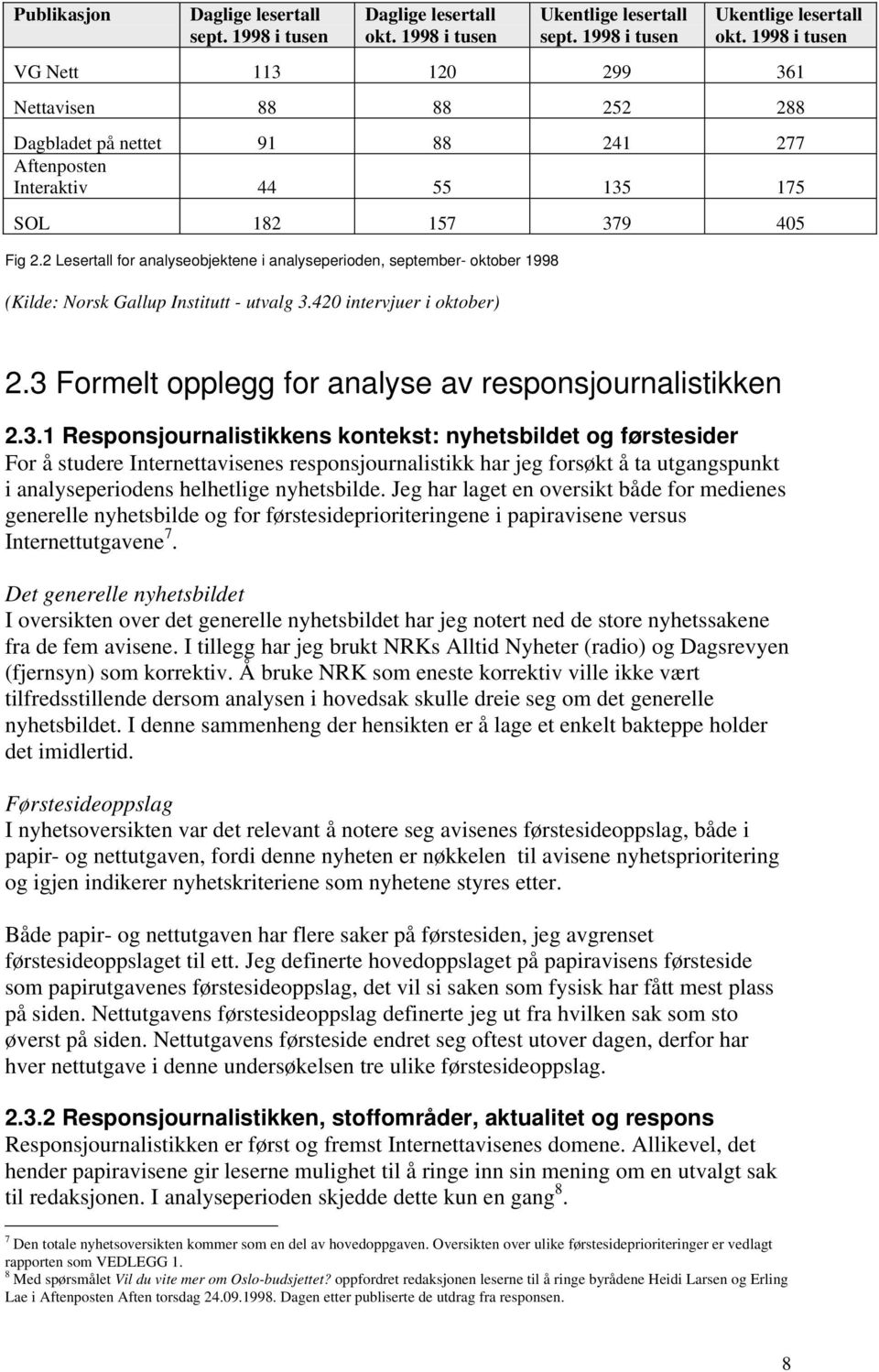2 Lesertall for analyseobjektene i analyseperioden, september- oktober 1998 (Kilde: Norsk Gallup Institutt - utvalg 3.420 intervjuer i oktober) 2.
