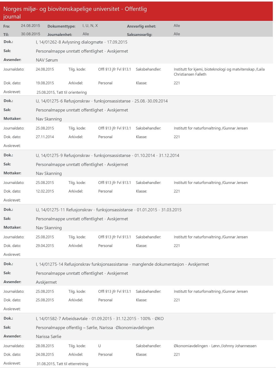 kode: Institutt for naturforvaltning /Gunnar Jensen Dok. dato: 27.11.2014 Arkivdel: Personal, 14/01275-9 Refusjonskrav - funksjonsassistanse - 01.10.2014-31.12.2014 Personalmappe unntatt offentlighet - Nav Skanning Journaldato: 25.