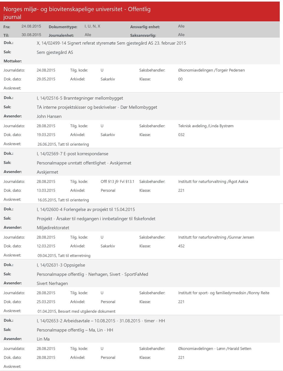 2015 Arkivdel: Sakarkiv 032 26.06.2015, Tatt til orientering I, 14/02569-7 E-post korrespondanse Personalmappe unntatt offentlighet - Institutt for naturforvaltning /Ågot Aakra Dok. dato: 13.03.2015 Arkivdel: Personal 16.