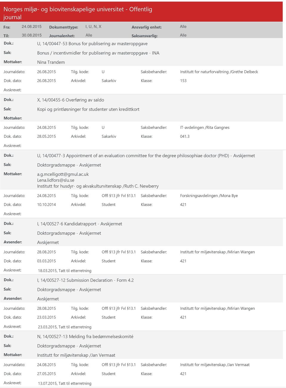 2015 Arkivdel: Sakarkiv 153 X, 14/00455-6 Overføring av saldo Kopi og printløsninger for studenter uten kredittkort IT-avdelingen /Rita Gangnes Dok. dato: 28.05.2015 Arkivdel: Sakarkiv 041.