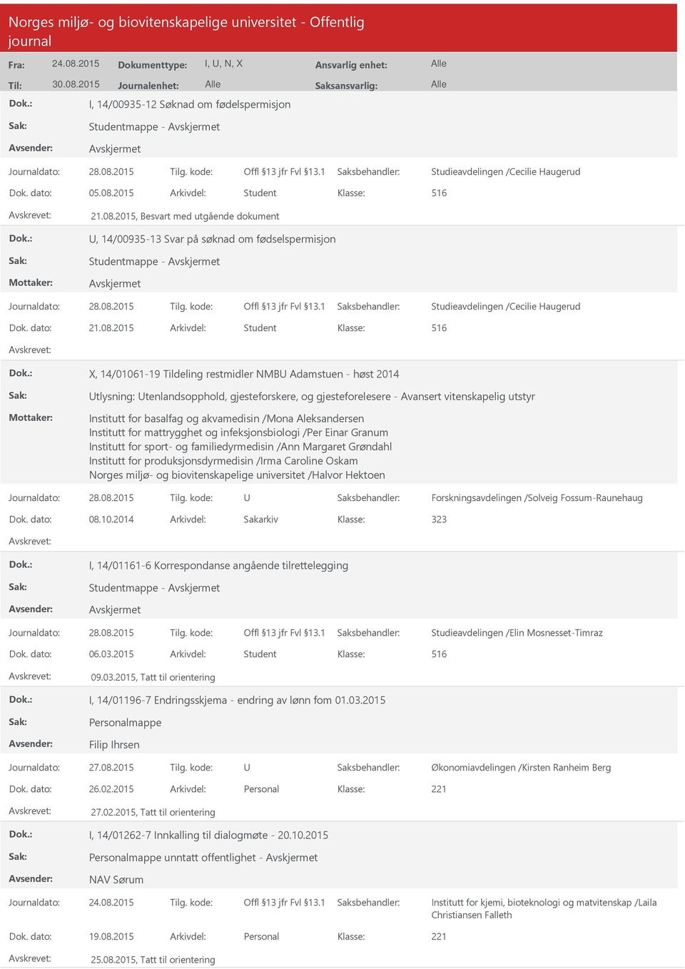 2015, Besvart med utgående dokument, 14/00935-13 Svar på søknad om fødselspermisjon Studentmappe - Studieavdelingen /Cecilie Haugerud Dok. dato: 21.08.