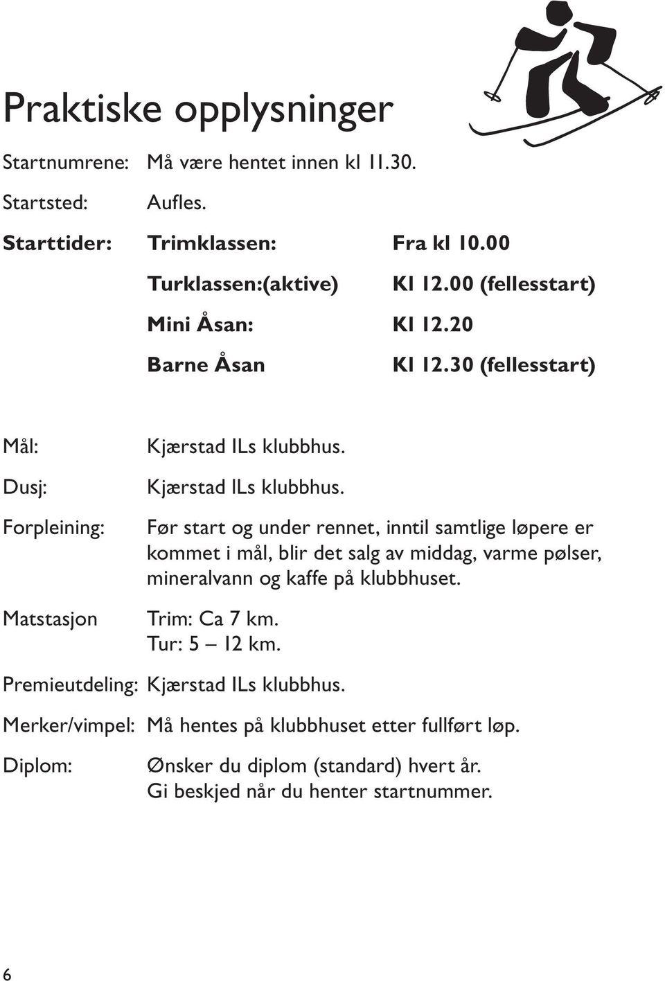 Før start og under rennet, inntil samtlige løpere er kommet i mål, blir det salg av middag, varme pølser, mineralvann og kaffe på klubbhuset. Trim: Ca 7 km.