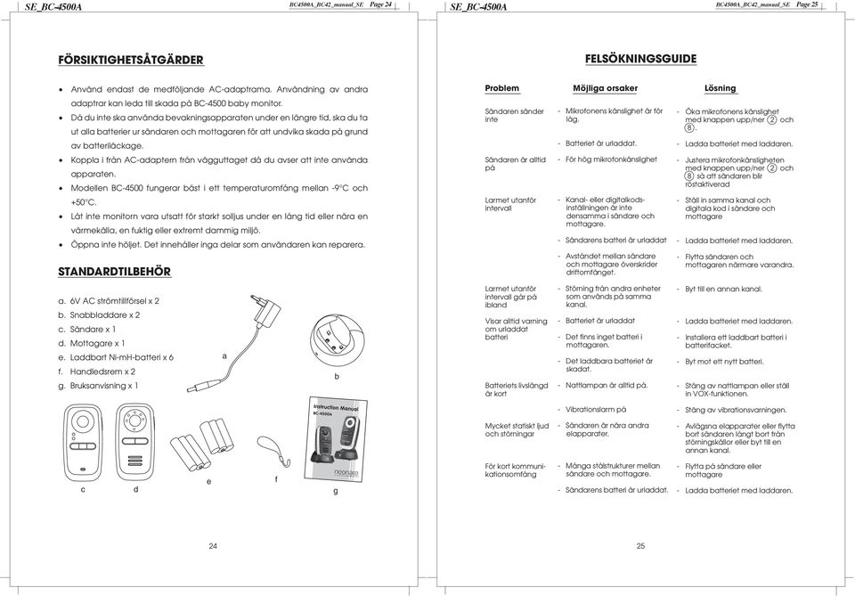 Då du inte ska använda bevakningsapparaten under en längre tid, ska du ta ut alla batterier ur sändaren och mottagaren för att undvika skada på grund av batteriläckage.