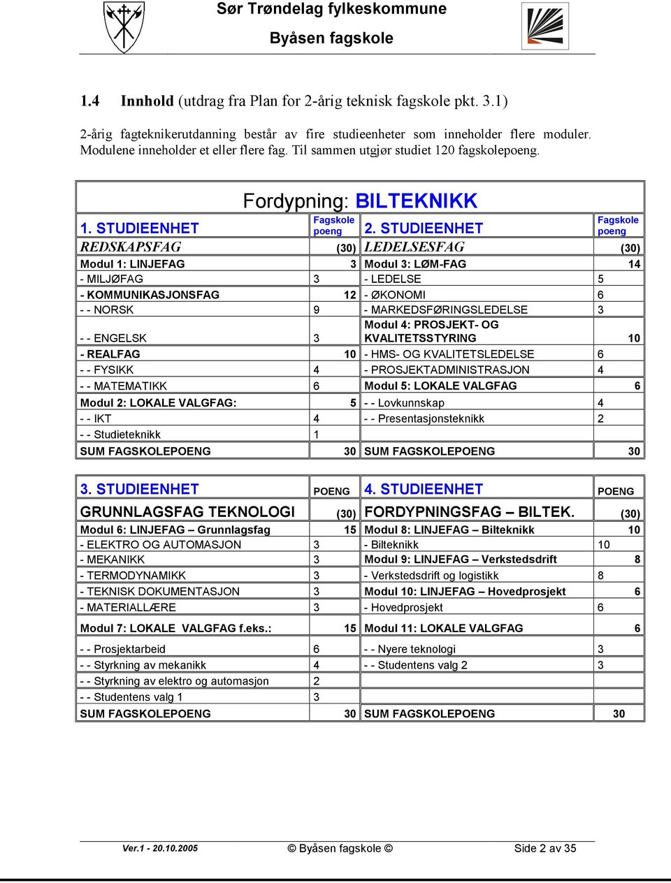 STUDIEENHET REDSKAPSFAG (30) LEDELSESFAG (30) Modul 1: LINJEFAG 3 Modul 3: LØM-FAG 14 - MILJØFAG 3 - LEDELSE 5 - KOMMUNIKASJONSFAG 12 - ØKONOMI 6 - - NORSK 9 - MARKEDSFØRINGSLEDELSE 3 Modul 4: