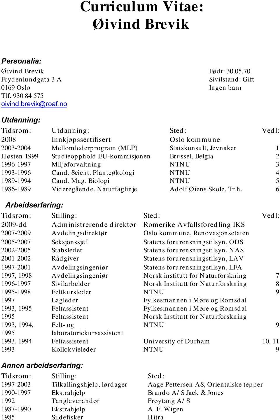 Belgia 2 1996-1997 Miljøforvaltning NTNU 3 1993-1996 Cand. Scient. Planteøkologi NTNU 4 1989-1994 Cand. Mag. Biologi NTNU 5 1986-1989 Videregående. Naturfaglinje Adolf Øiens Skole, Tr.h.