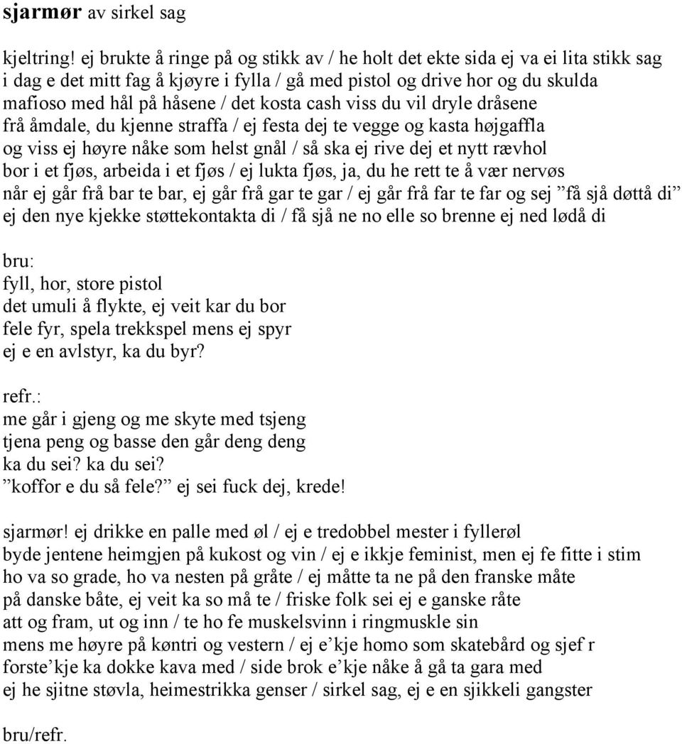 cash viss du vil dryle dråsene frå åmdale, du kjenne straffa / ej festa dej te vegge og kasta højgaffla og viss ej høyre nåke som helst gnål / så ska ej rive dej et nytt rævhol bor i et fjøs, arbeida