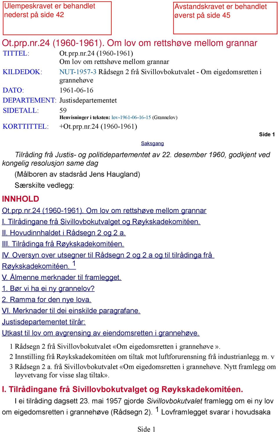 Om lov om rettshøve mellom grannar TITTEL: 24 (1960-1961) KILDEDOK: Om lov om rettshøve mellom grannar NUT-1957-3 Rådsegn 2 frå Sivillovbokutvalet - Om eigedomsretten i grannehøve DATO: 1961-06-16