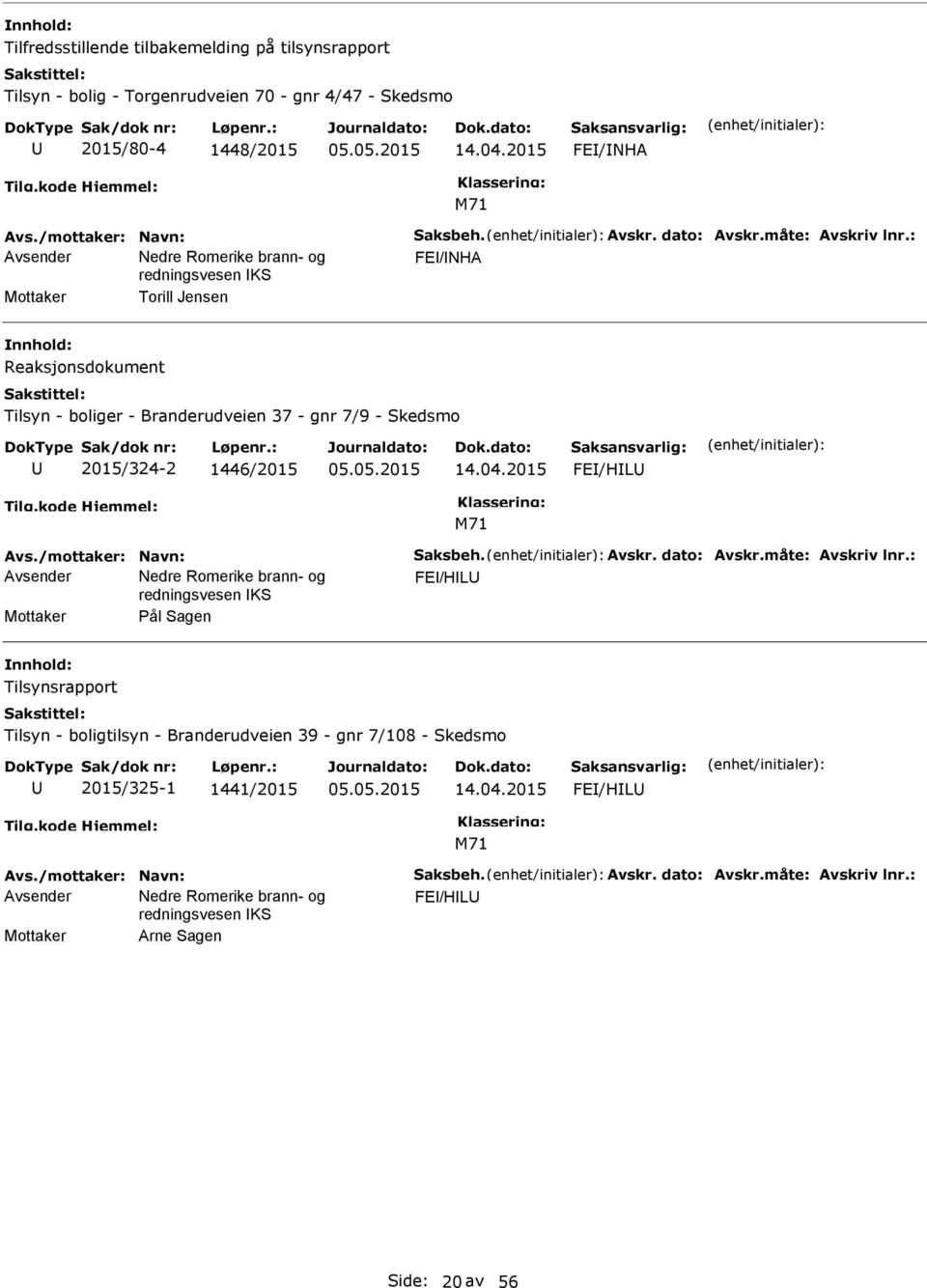 : FE/NHA Mottaker Torill Jensen Reaksjonsdokument Tilsyn - boliger - Branderudveien 37 - gnr 7/9 - Skedsmo 2015/324-2 1446/2015 14.04.2015 FE/HL Avs.