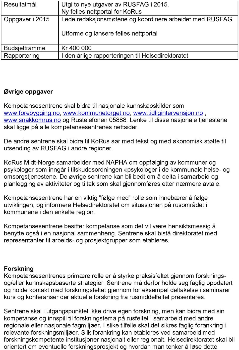 rapporteringen til Helsedirektoratet Øvrige oppgaver Kompetansesentrene skal bidra til nasjonale kunnskapskilder som www.forebygging.no, www.kommunetorget.no, www.tidligintervensjon.no, www.snakkomrus.