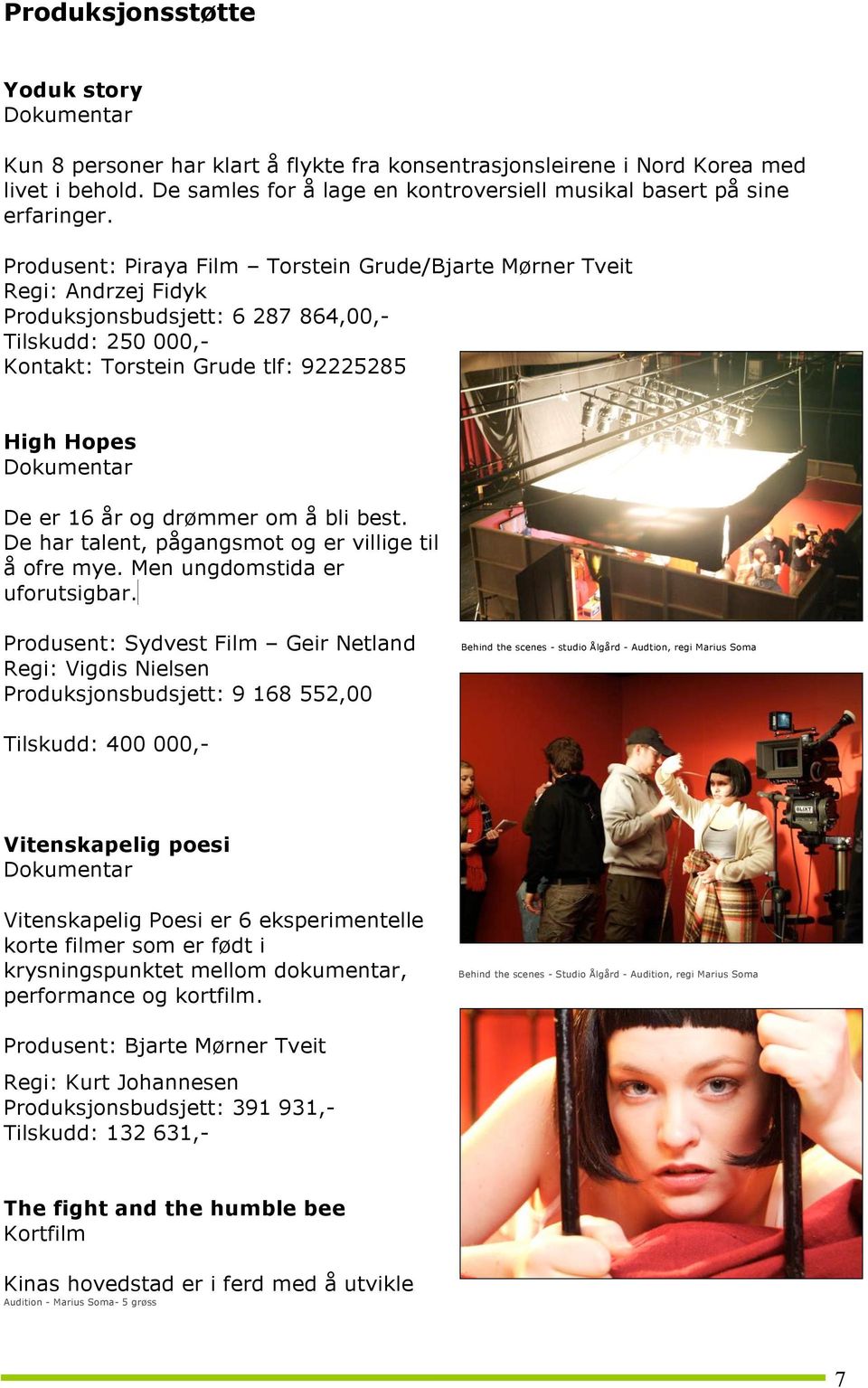 Produsent: Piraya Film Torstein Grude/Bjarte Mørner Tveit Regi: Andrzej Fidyk Produksjonsbudsjett: 6 287 864,00,Tilskudd: 250 000,Kontakt: Torstein Grude tlf: 92225285 High Hopes Dokumentar De er 16