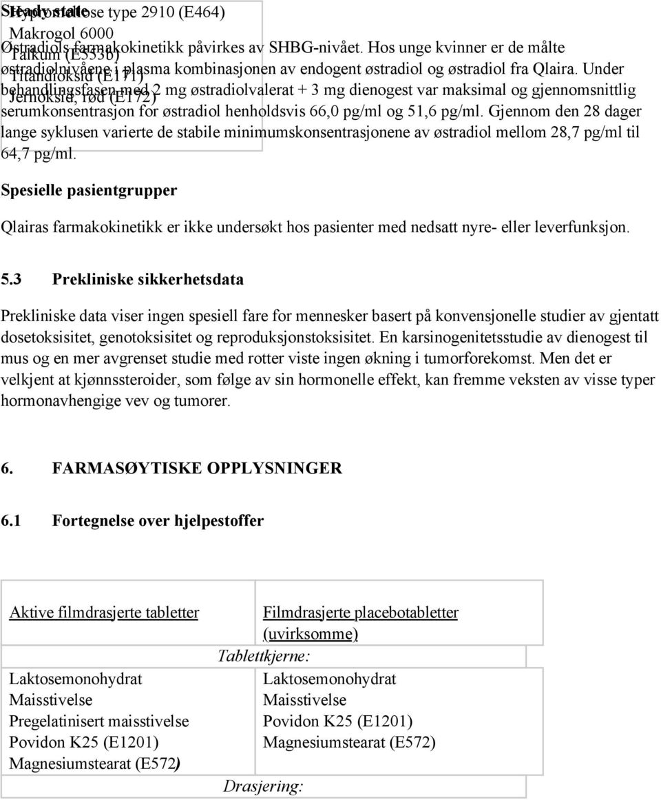 Under behandlingsfasen Jernoksid, rød (E172) med 2 mg østradiolvalerat + 3 mg dienogest var maksimal og gjennomsnittlig serumkonsentrasjon for østradiol henholdsvis 66,0 pg/ml og 51,6 pg/ml.