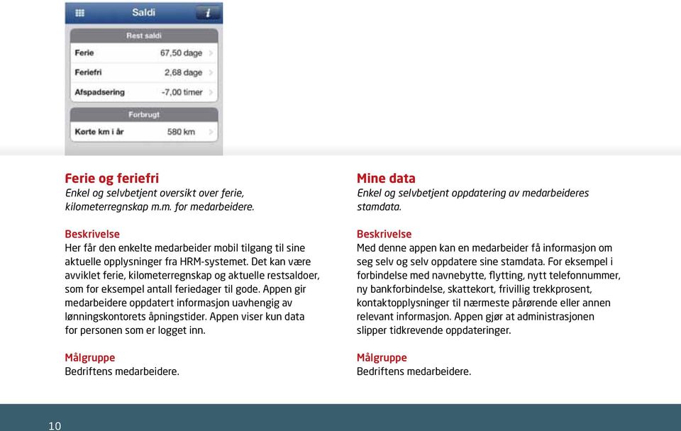 Appen gir medarbeidere oppdatert informasjon uavhengig av lønningskontorets åpningstider. Appen viser kun data for personen som er logget inn. Bedriftens medarbeidere.