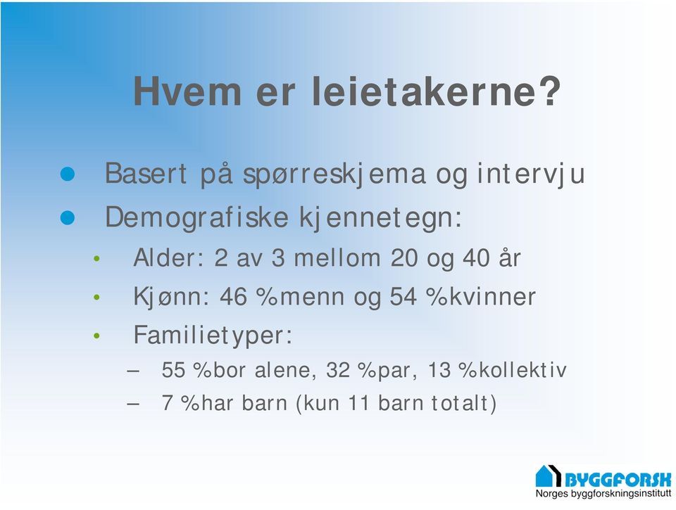 kjennetegn: Alder: 2 av 3 mellom 20 og 40 år Kjønn: 46 %