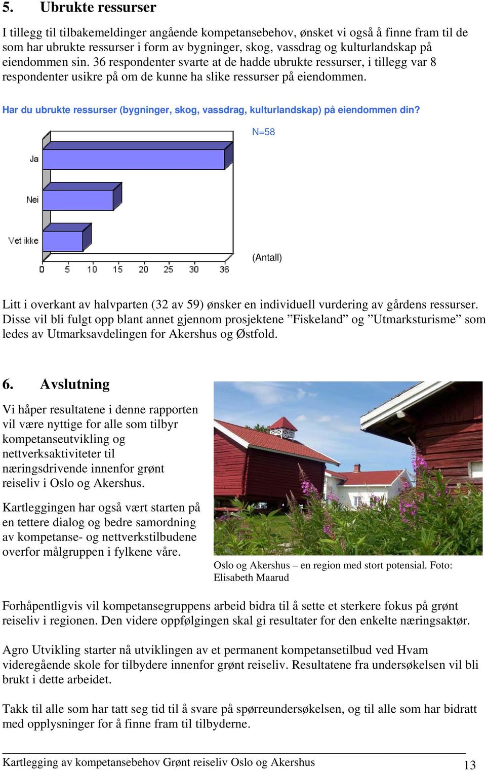 Har du ubrukte ressurser (bygninger, skog, vassdrag, kulturlandskap) på eiendommen din? N=58 (Antall) Litt i overkant av halvparten (32 av 59) ønsker en individuell vurdering av gårdens ressurser.