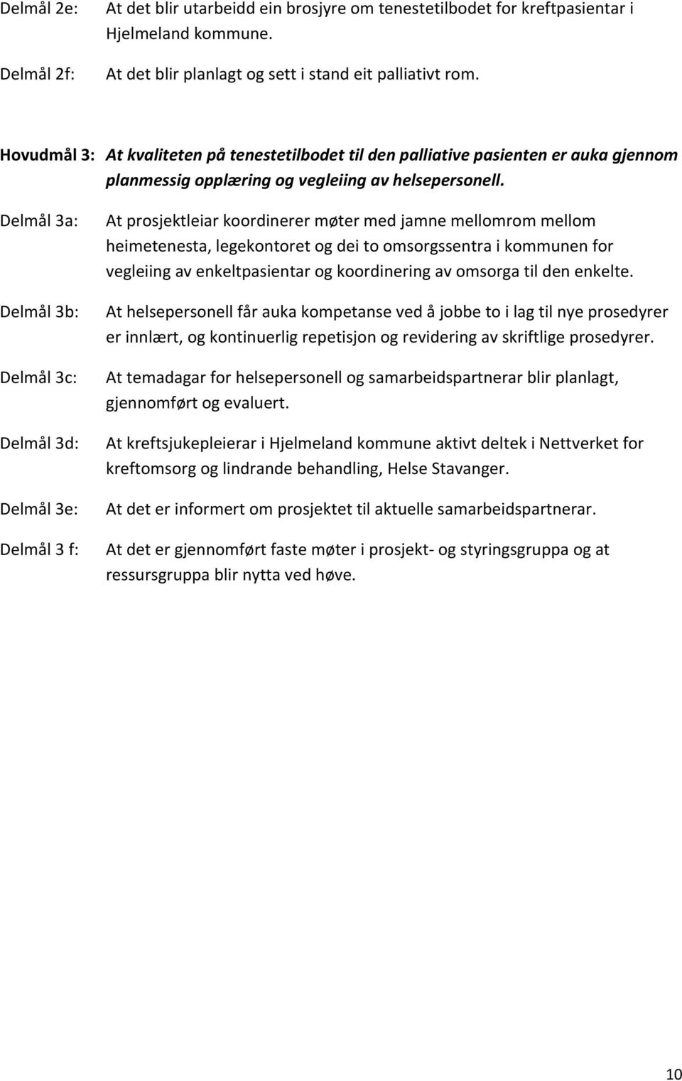 Delmål 3a: Delmål 3b: Delmål 3c: Delmål 3d: Delmål 3e: Delmål 3 f: At prosjektleiar koordinerer møter med jamne mellomrom mellom heimetenesta, legekontoret og dei to omsorgssentra i kommunen for